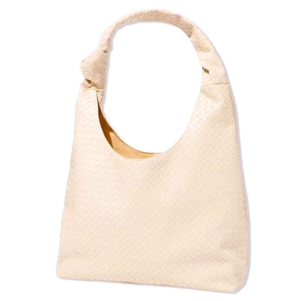 ULTA BEAUTY Cream Knot Handle Textured Weave Print Pocket Tote Bag Purse NEW